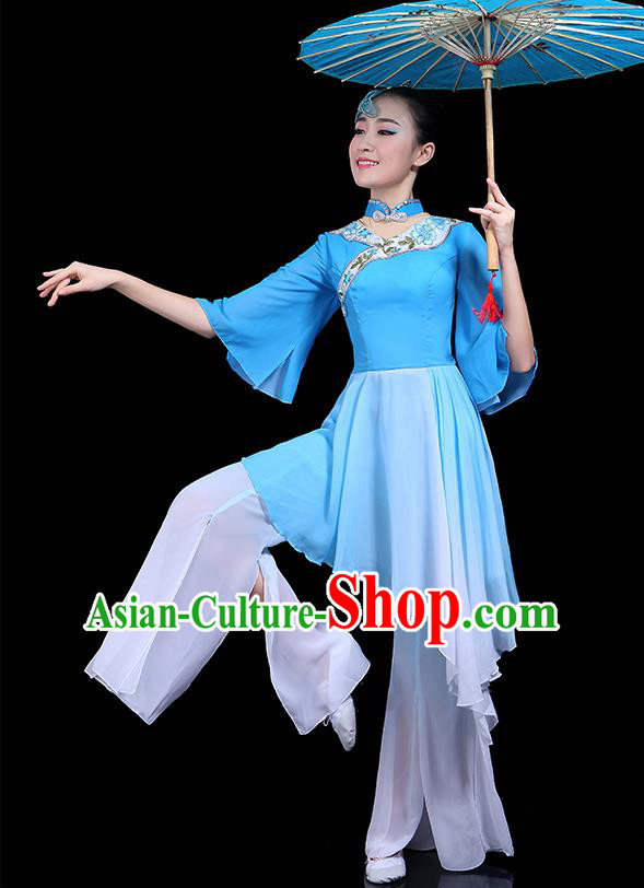 Traditional Classical Dance Blue Dress Chinese Folk Dance Umbrella Dance Costume for Women