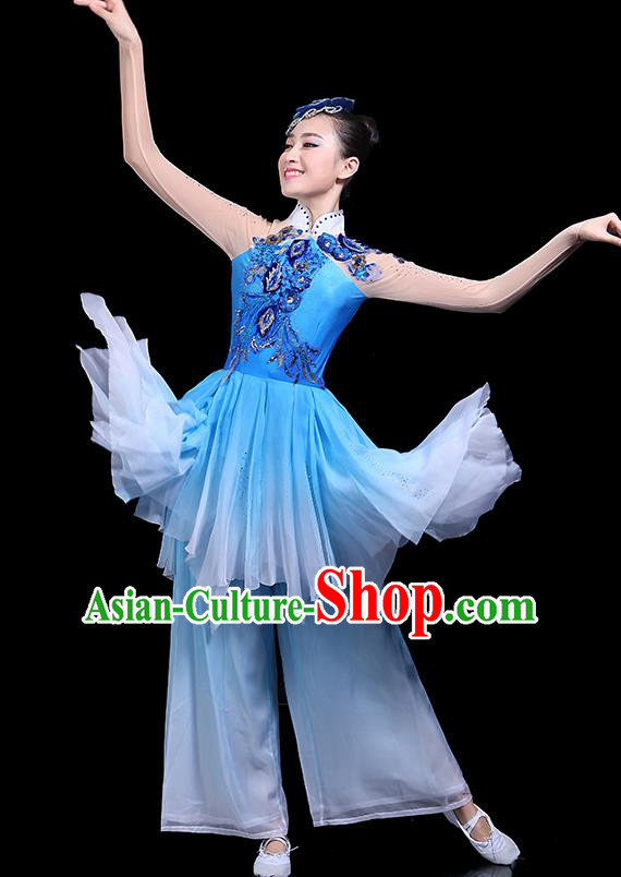 Traditional Classical Dance Umbrella Dance Blue Clothing Chinese Folk Dance Costume for Women