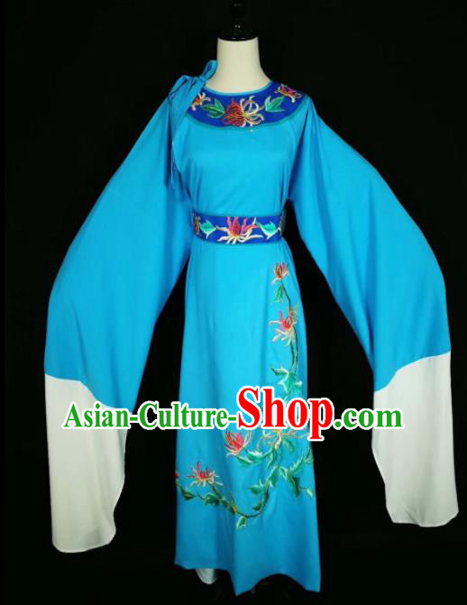 Chinese Traditional Beijing Opera Scholar Costume Peking Opera Embroidered Chrysanthemum Blue Robe for Adults