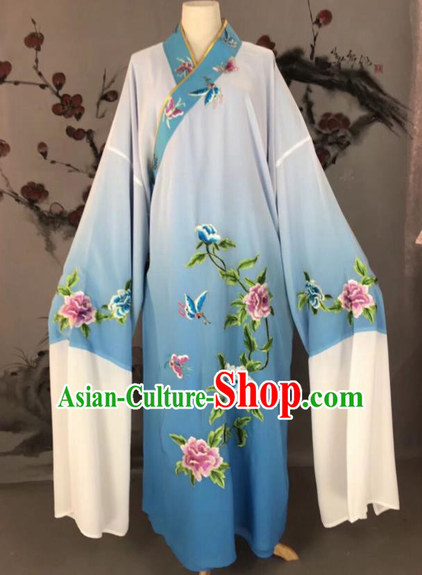 Chinese Traditional Beijing Opera Scholar Costume Peking Opera Niche Blue Embroidered Robe for Adults