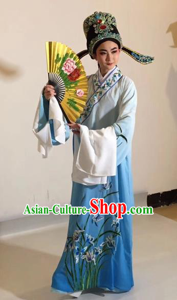 Chinese Traditional Beijing Opera Scholar Costume Peking Opera Embroidered Orchid Blue Robe for Adults