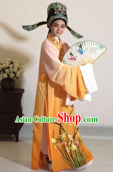 Chinese Traditional Beijing Opera Scholar Costume Peking Opera Embroidered Orchid Orange Robe for Adults