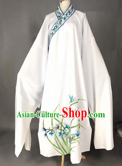 Chinese Traditional Beijing Opera Scholar Embroidered Orchid White Robe Peking Opera Niche Costume for Adults