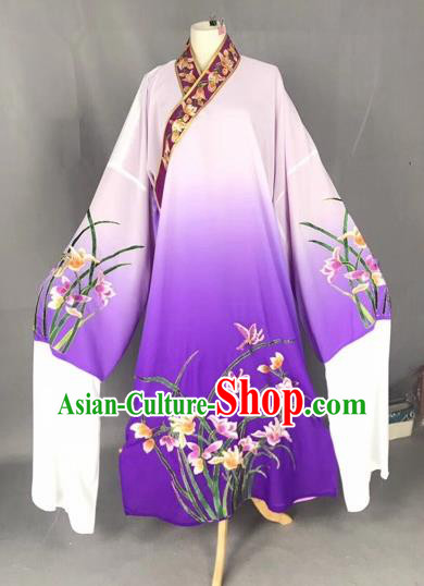 Chinese Traditional Beijing Opera Scholar Embroidered Orchid Gradient Purple Robe Peking Opera Niche Costume for Adults