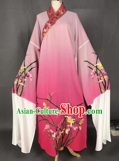 Chinese Traditional Beijing Opera Scholar Embroidered Orchid Gradient Rosy Robe Peking Opera Niche Costume for Adults