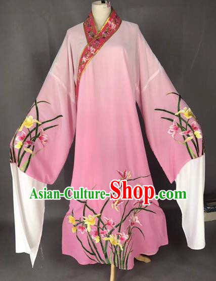 Chinese Traditional Beijing Opera Scholar Embroidered Orchid Gradient Pink Robe Peking Opera Niche Costume for Adults