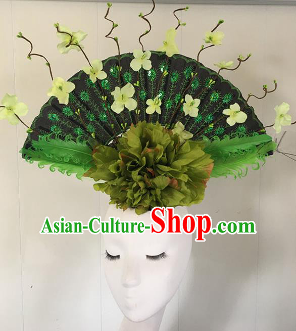 Top Halloween Green Peony Hair Accessories Stage Show Chinese Traditional Catwalks Headpiece for Women