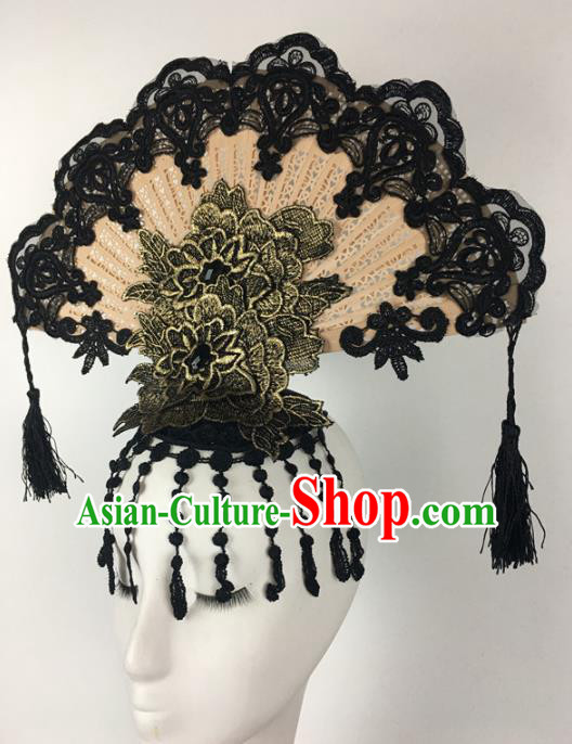 Top Halloween Black Lace Tassel Hair Accessories Stage Show Chinese Traditional Catwalks Headpiece for Women