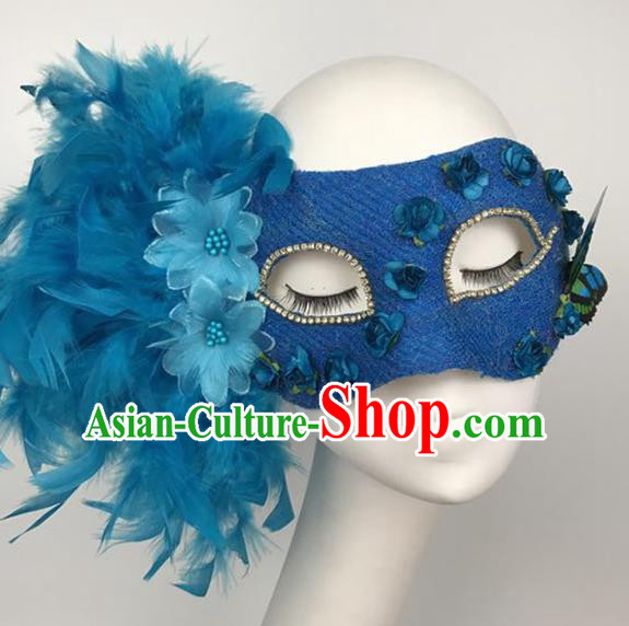 Top Halloween Accessories Brazilian Carnival Catwalks Blue Feather Face Masks for Women