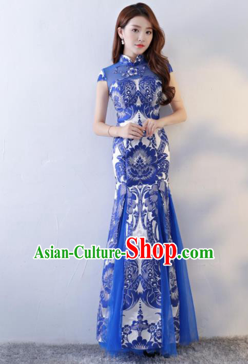 Chinese Traditional Qipao Dress Classical Costume Blue Veil Cheongsam for Women