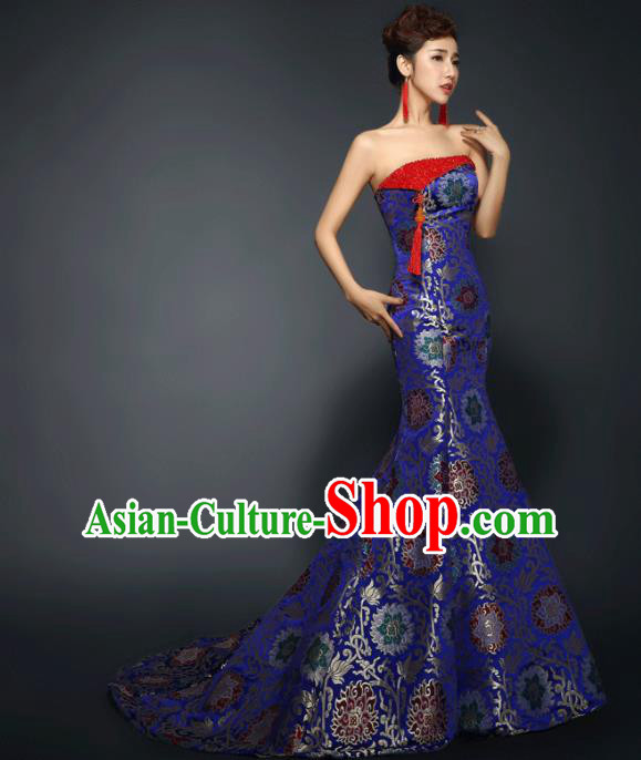 Chinese Traditional Qipao Dress Classical Costume Royalblue Satin Trailing Full Dress for Women