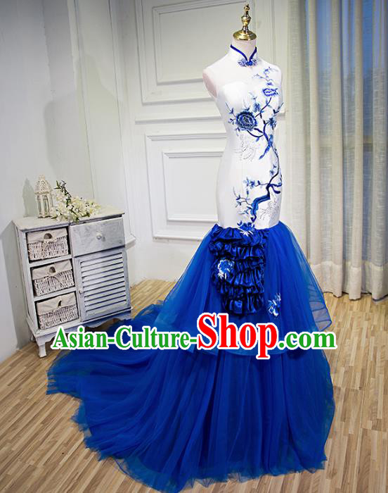 Chinese Traditional Qipao Dress Classical Costume Blue Veil Mermaid Cheongsam for Women