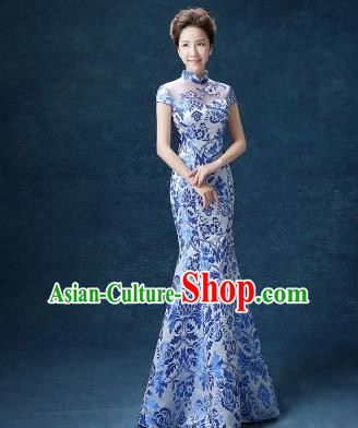 Chinese Traditional Qipao Dress Classical Costume Blue Cheongsam for Women