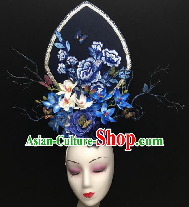 Chinese Stage Show Embroidered Peony Blue Hair Accessories Traditional Catwalks Palace Headdress for Women