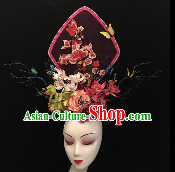 Chinese Stage Show Embroidered Peony Red Hair Accessories Traditional Catwalks Palace Headdress for Women