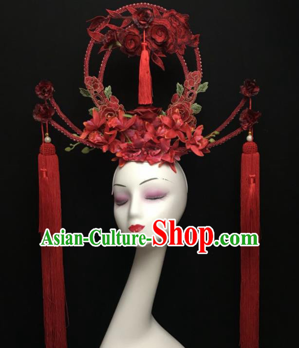 Chinese Stage Show Red Flowers Hair Accessories Traditional Catwalks Palace Headdress for Women