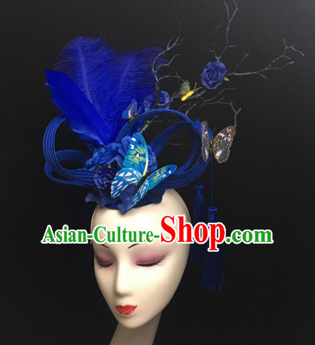 Top Brazilian Carnival Stage Show Headpiece Halloween Catwalks Blue Feather Hair Accessories for Women