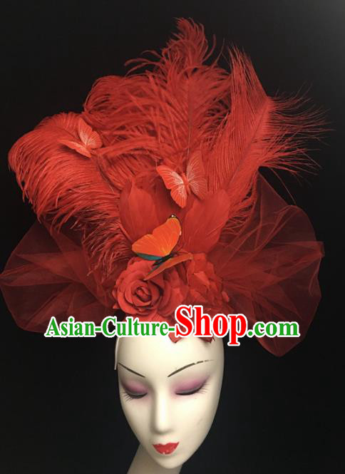 Top Brazilian Carnival Stage Show Headpiece Halloween Catwalks Red Feather Hair Accessories for Women