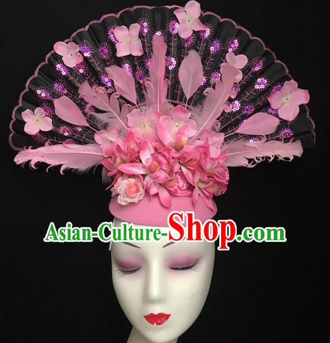 Chinese Stage Show Pink Feather Hair Accessories Traditional Catwalks Palace Headdress for Women