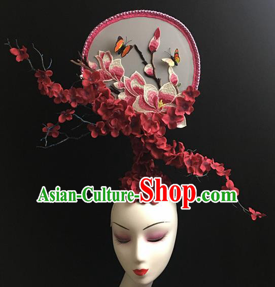 Chinese Stage Show Red Flowers Hair Accessories Traditional Catwalks Palace Headdress for Women