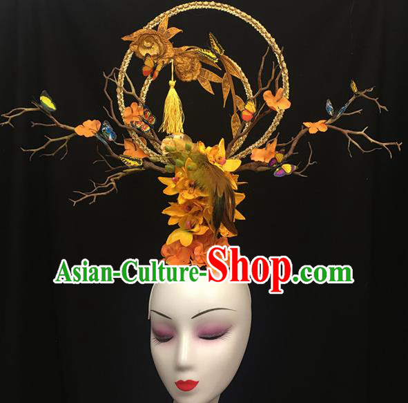 Chinese Stage Show Embroidered Yellow Hair Accessories Traditional Catwalks Palace Headdress for Women