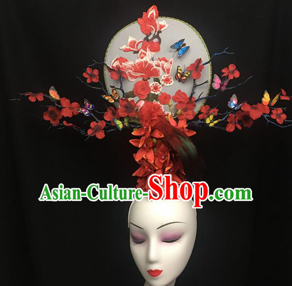 Chinese Stage Show Embroidered Red Hair Accessories Traditional Catwalks Palace Headdress for Women