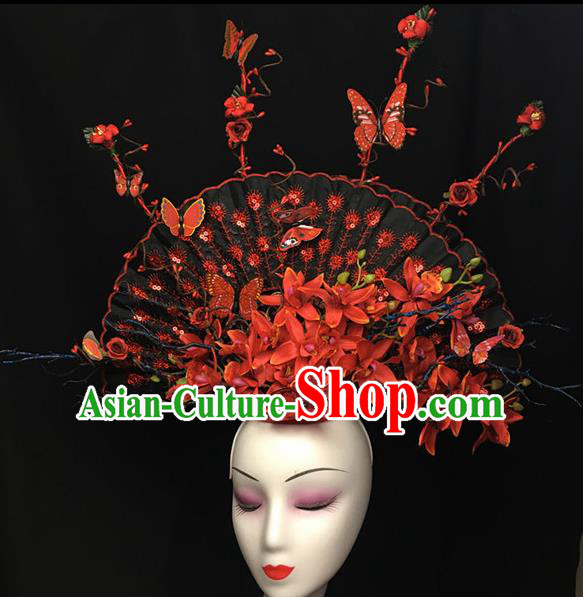 Chinese Stage Show Red Flowers Fan Hair Accessories Traditional Catwalks Palace Headdress for Women