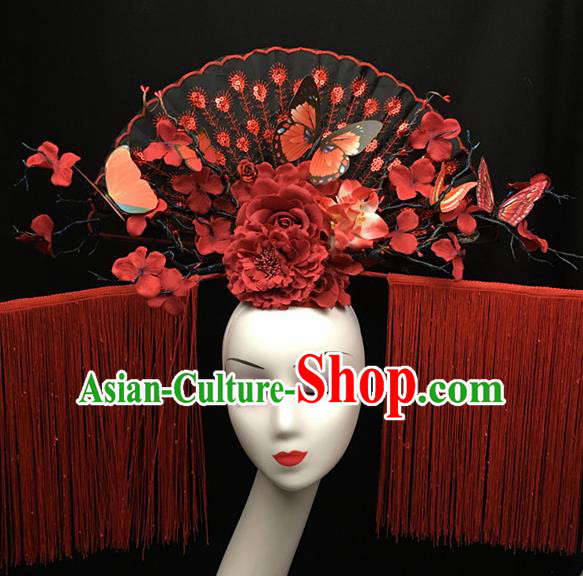 Chinese Stage Show Red Peony Tassel Hair Accessories Traditional Catwalks Palace Headdress for Women