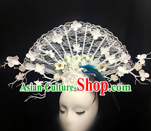 Chinese Stage Show White Lace Peony Hair Accessories Traditional Catwalks Palace Headdress for Women