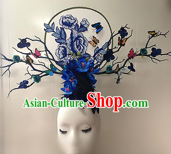 Chinese Stage Show Blue Peony Hair Accessories Traditional Catwalks Palace Headdress for Women