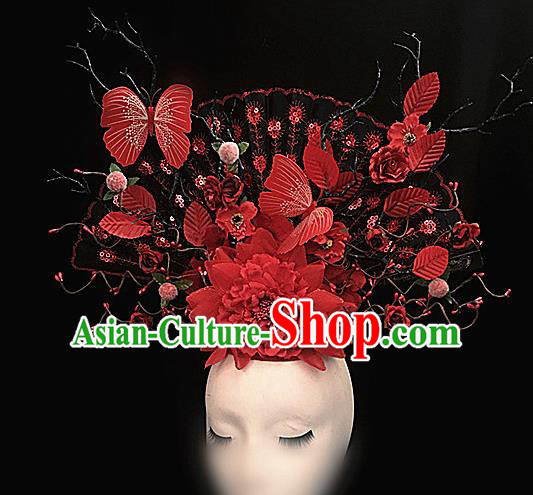 Chinese Stage Show Red Butterfly Peony Hair Accessories Traditional Catwalks Palace Headdress for Women