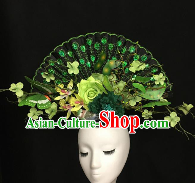 Chinese Stage Show Green Butterfly Peony Hair Accessories Traditional Catwalks Palace Headdress for Women