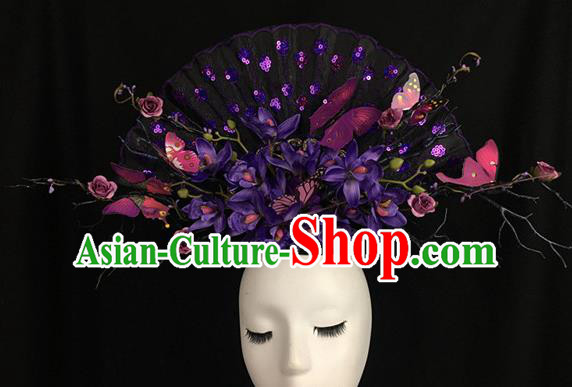 Chinese Stage Show Purple Flowers Hair Accessories Traditional Catwalks Palace Headdress for Women