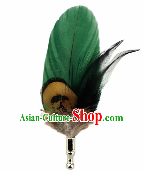 Handmade Green Feather Breastpin Accessories Stage Show Peacock Feather Brooch for Women