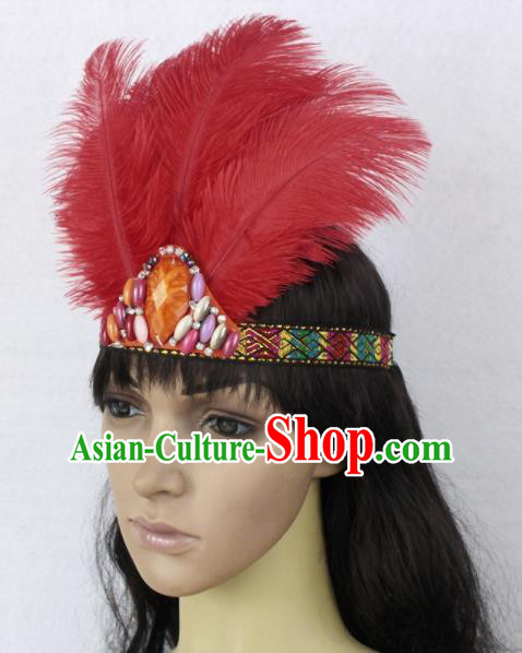 Top Halloween Donald Stage Show Red Feather Hair Accessories Catwalks Primitive Tribe Hair Clasp for Women