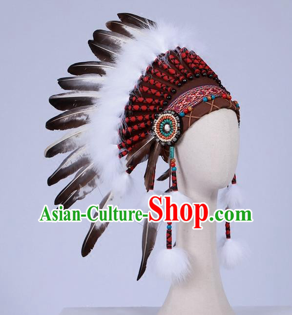 Top Halloween Apache Knight Long Feather Hat Carnival Catwalks Primitive Tribe Hair Accessories for Men