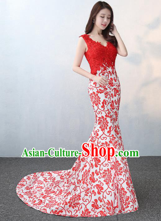 Chinese Traditional Elegant Red Lace Qipao Dress Classical Costume Mermaid Cheongsam for Women