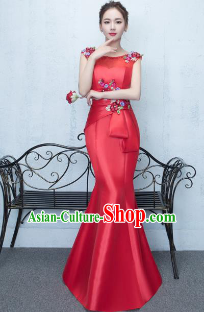 Top Stage Show Costumes Catwalks Compere Red Satin Full Dress for Women