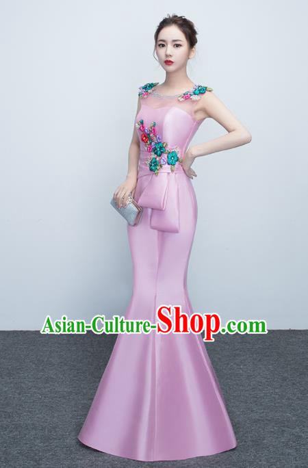 Top Stage Show Costumes Catwalks Compere Pink Satin Full Dress for Women