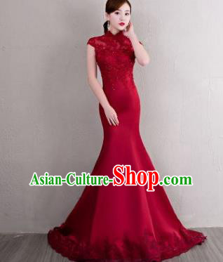 Chinese Traditional Elegant Qipao Dress Classical Costume Wine Red Lace Mermaid Cheongsam for Women