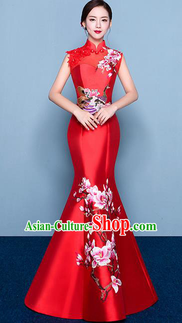 Chinese Traditional Elegant Magnolia Qipao Dress Classical Costume Red Cheongsam for Women