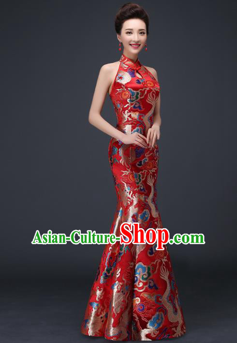 Chinese Traditional Elegant Red Qipao Dress Classical Costume Dragons Cheongsam for Women