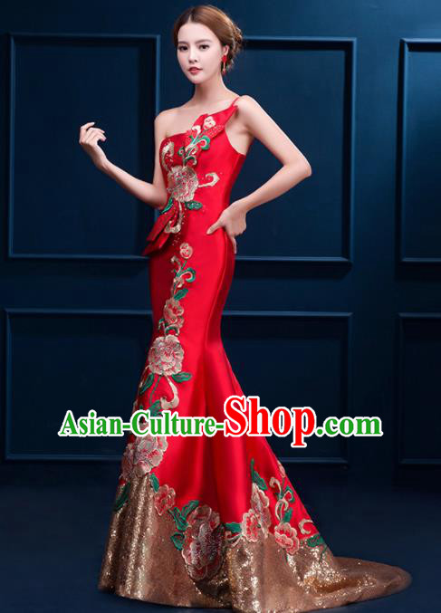 Chinese Traditional Elegant Trailing Qipao Dress Classical Costume Red Cheongsam for Women