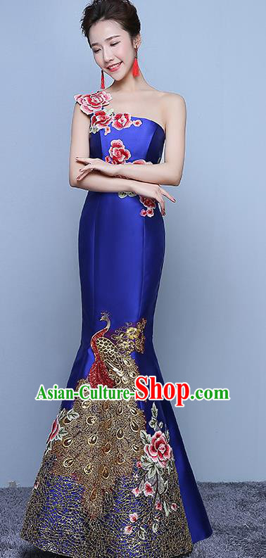 Chinese Traditional Embroidered Peony Royalblue Qipao Dress Classical Costume Elegant Cheongsam for Women