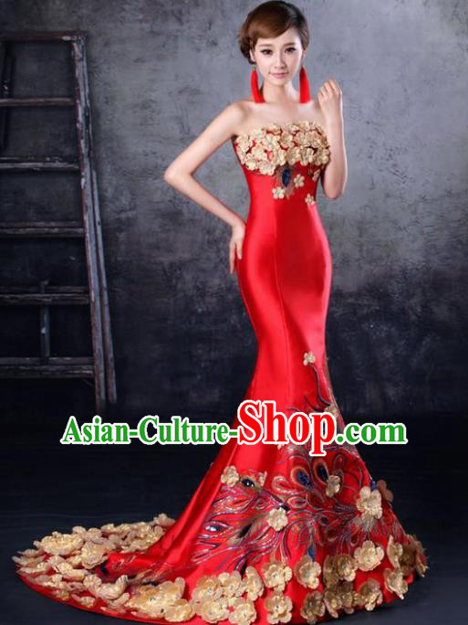 Chinese Traditional Wedding Trailing Full Dress Classical Costume Elegant Red Cheongsam for Women