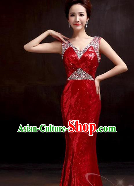 Top Stage Show Chorus Costumes Catwalks Compere Red Paillette Full Dress for Women