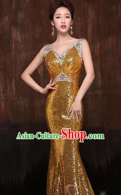 Top Stage Show Chorus Costumes Catwalks Compere Golden Paillette Full Dress for Women