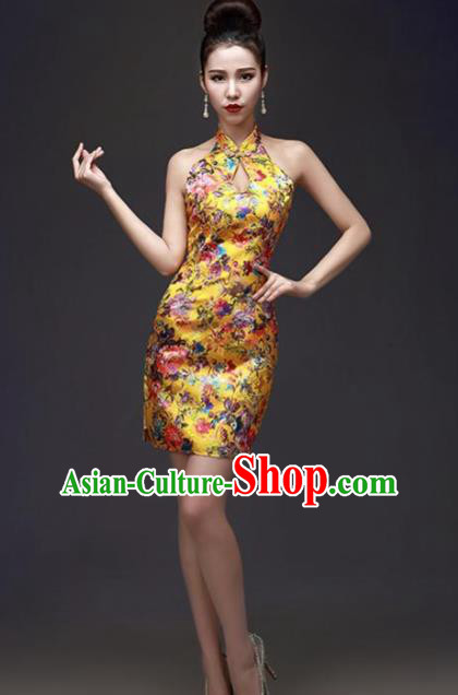 Chinese Traditional Yellow Short Qipao Dress Classical Costume Elegant Cheongsam for Women