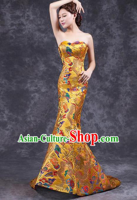 Chinese Traditional Costume Classical Qipao Dress Elegant Embroidered Dragon Golden Cheongsam for Women