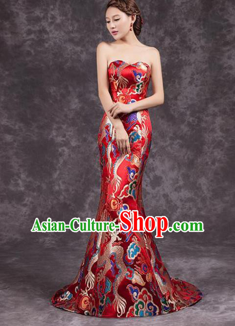 Chinese Traditional Costume Classical Qipao Dress Elegant Embroidered Dragon Red Cheongsam for Women